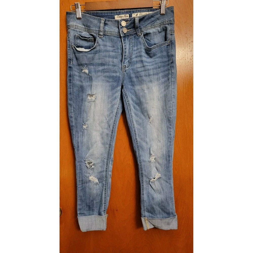 Indigo Rein Stretch Crop Cuffed Jeans Juniors Size 7 Light Wash Distressed - B